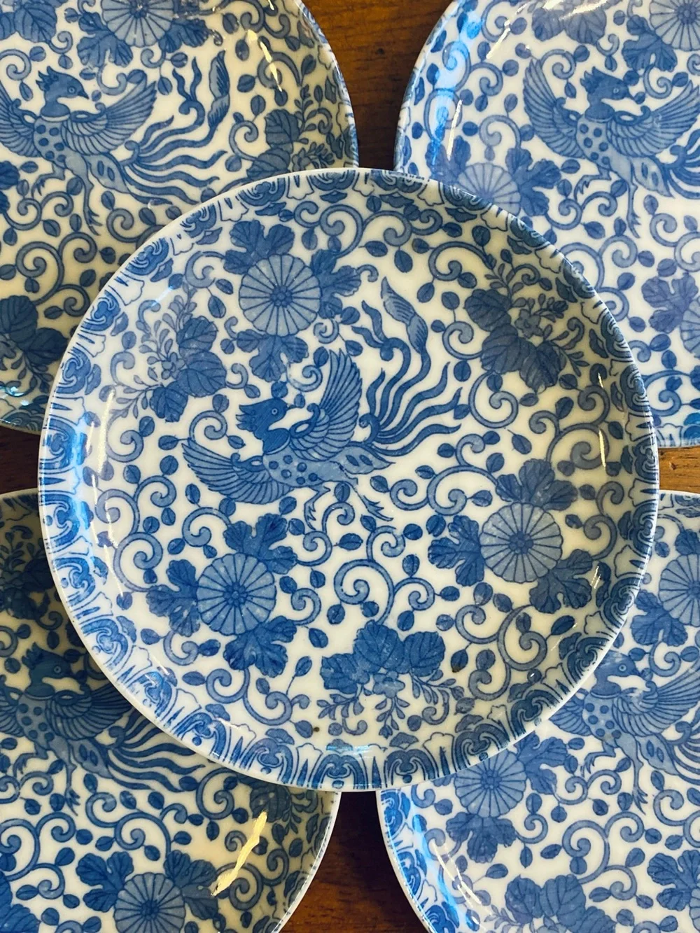 5 VTG Phoenix Bird Chrysanthemum Blue White Japanese Porcelain Plates Saucers